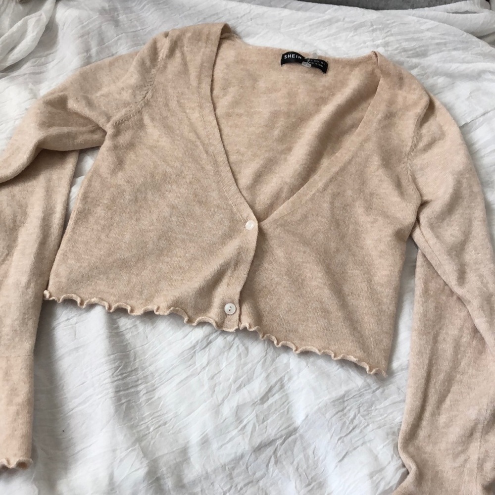 shein tan lettuce flared cropped cardigan